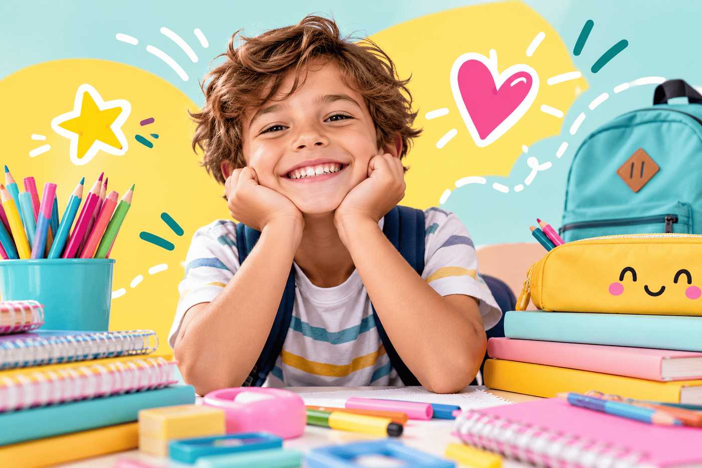 Niño feliz rodeado de material escolar de Papelería La Moneda